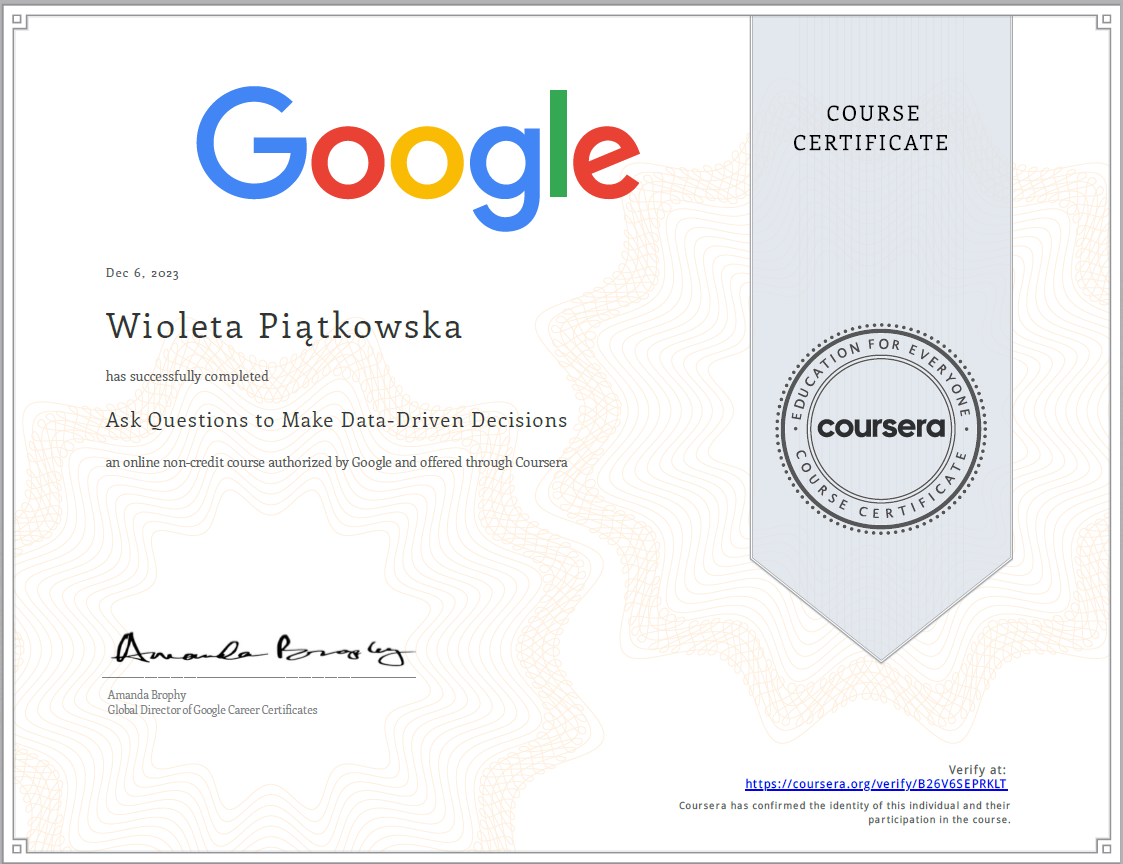 Data Driven Decisions - certificate