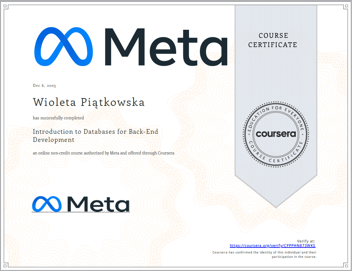 Database introduction - certificate