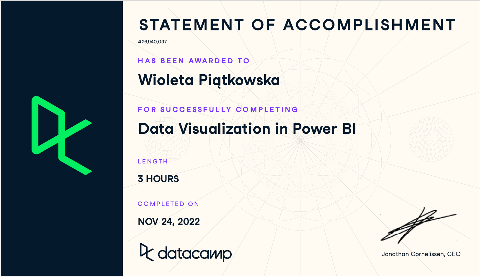 Data visualisation in Power BI - certificate